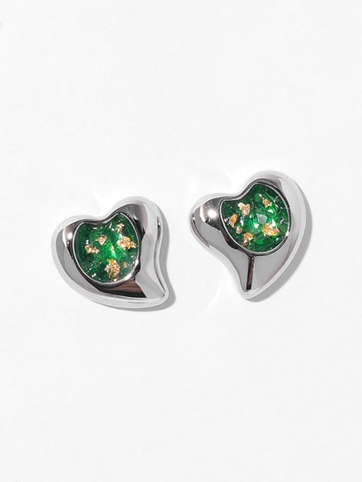 Green Brass Cubic Zirconia Heart Vintage Stud Earring