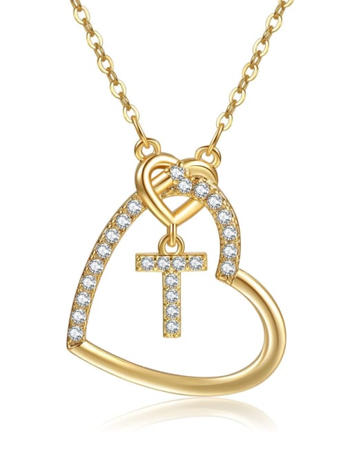 T gold Brass Cubic Zirconia Heart Minimalist  Letter Pendant Necklace