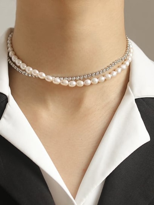 ACCA Brass Imitation Pearl Geometric Vintage Multi Strand Necklace 1