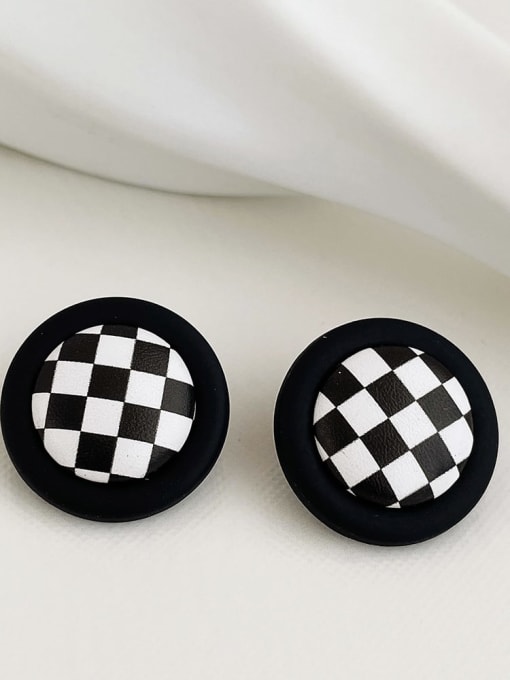 Round black and white leather Earrings 925 Sterling Silver Resin Geometric Plaid Vintage Stud Earring/Multi-Color Optional