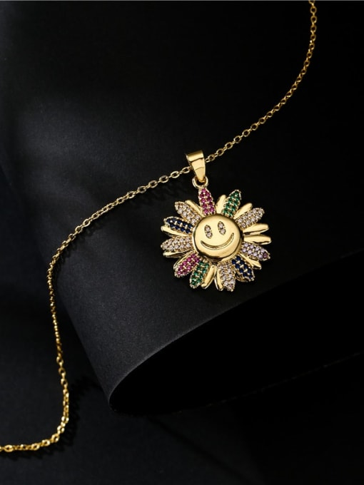 AOG Brass Cubic Zirconia Smiley Vintage Sun Flower Pendant Necklace 3