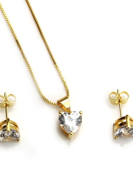 Gold plated white zircon Brass Heart Cubic Zirconia Earring and Necklace Set