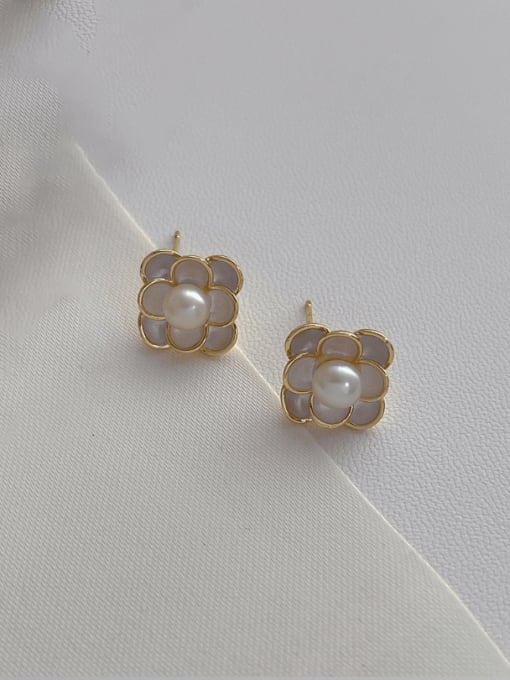 Square Flower Pearl Earrings Brass Enamel Flower Minimalist Stud Earring