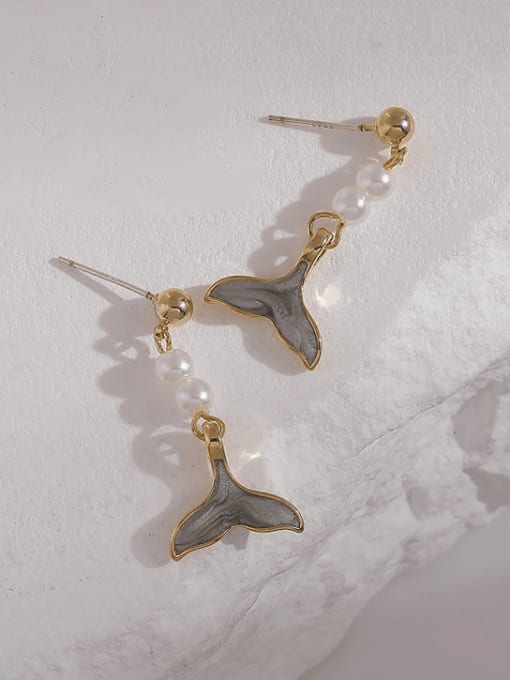 14K Real Gold fish Tail Brass Imitation Pearl Enamel Fish Tail Minimalist Drop Earring