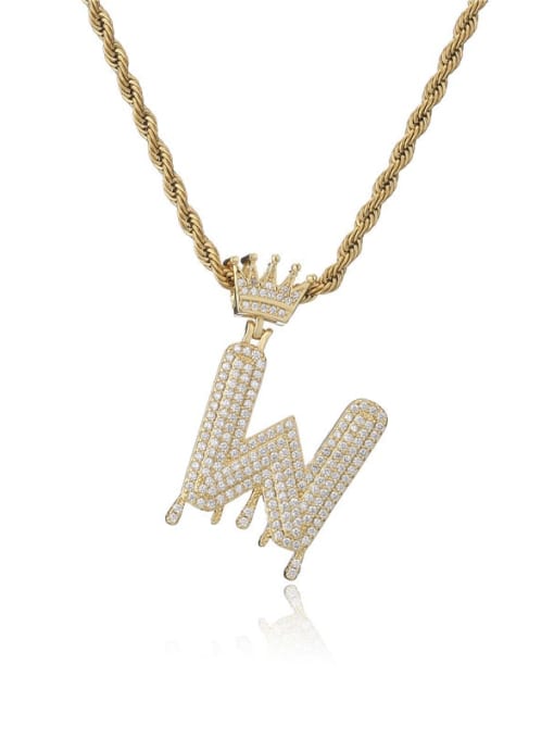 W Brass Cubic Zirconia Crown Hip Hop Letter Pendant Necklace