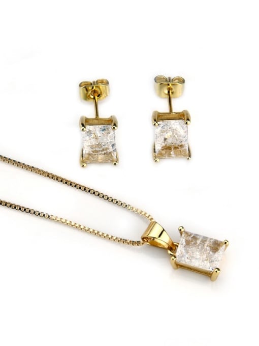 Gold plated white zircon Brass Rectangle  Cubic Zirconia Earring and Necklace Set