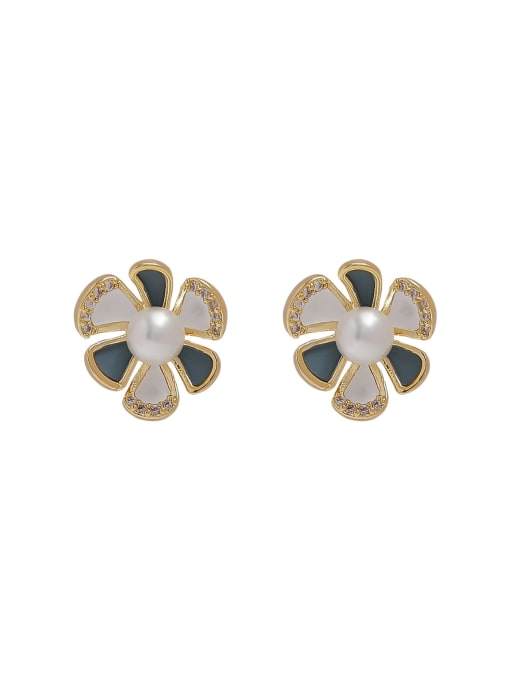 HYACINTH Brass Imitation Pearl Enamel Flower Minimalist Stud Earring 0