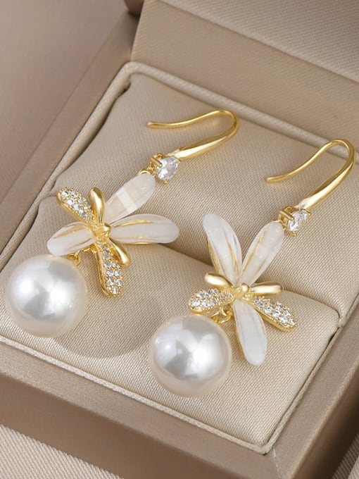 Gold ED63226 Brass Imitation Pearl Flower Dainty Drop Earring
