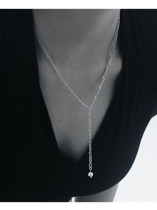 TINGS Brass Minimalist Simple retro pearl Y word Double chain necklace 0