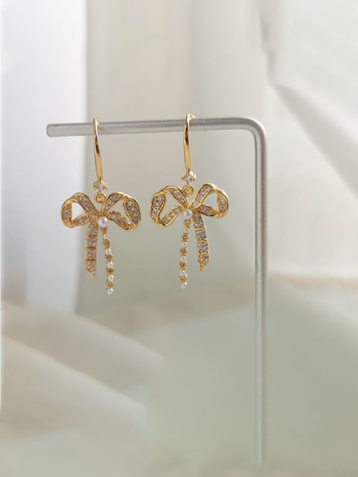 14K  gold Brass Cubic Zirconia Bowknot Dainty Drop Trend Korean Fashion Earring