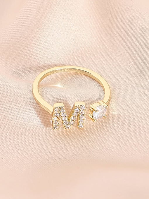 14k Gold M Brass Cubic Zirconia Letter Minimalist Band Ring