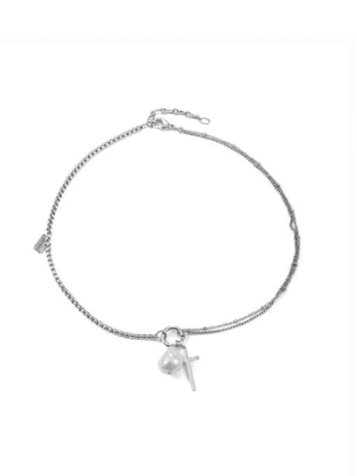 TINGS Titanium Steel Freshwater Pearl Cross Vintage Hollow Chain Necklace 0