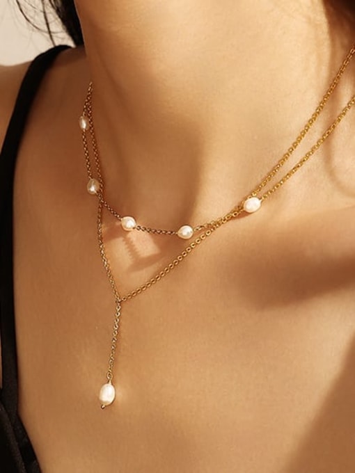 ACCA Brass Imitation Pearl Tassel Vintage Lariat Necklace 1