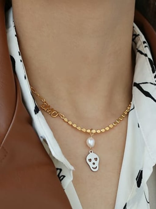 golden Brass Bead  Chain Vintage Skull pendant  Necklace