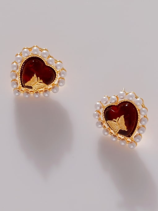 HYACINTH Brass Imitation Pearl Heart Vintage Stud Earring 1