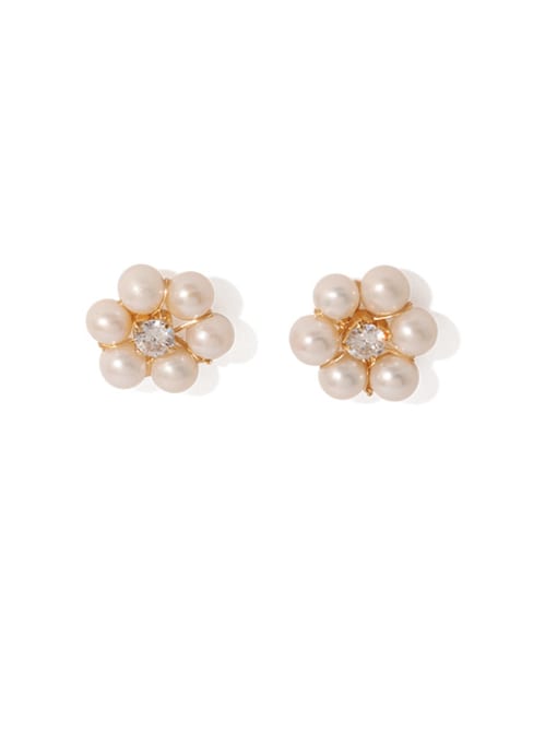 Zircon Pearl Earrings Brass Imitation Pearl Flower Vintage Stud Earring