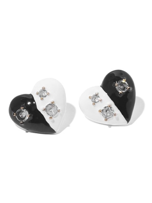 Black and white oil dripping Earrings Brass Rhinestone Enamel Heart Hip Hop Stud Earring