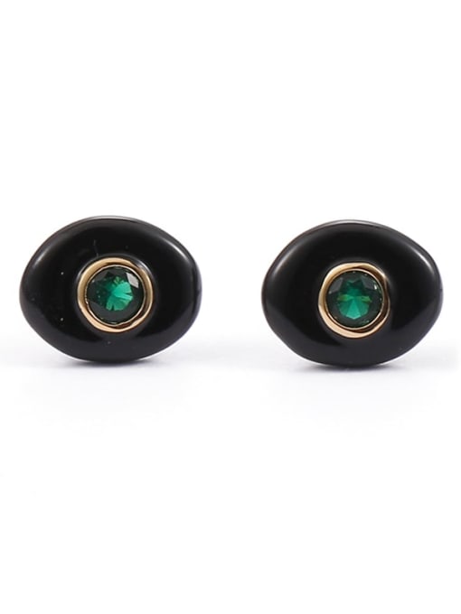 Black dripping oil Brass Rhinestone Enamel Oval Minimalist Stud Earring