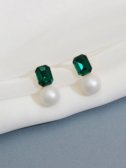 green Copper Imitation Pearl Square Glass stone Minimalist Stud Trend Korean Fashion Earring