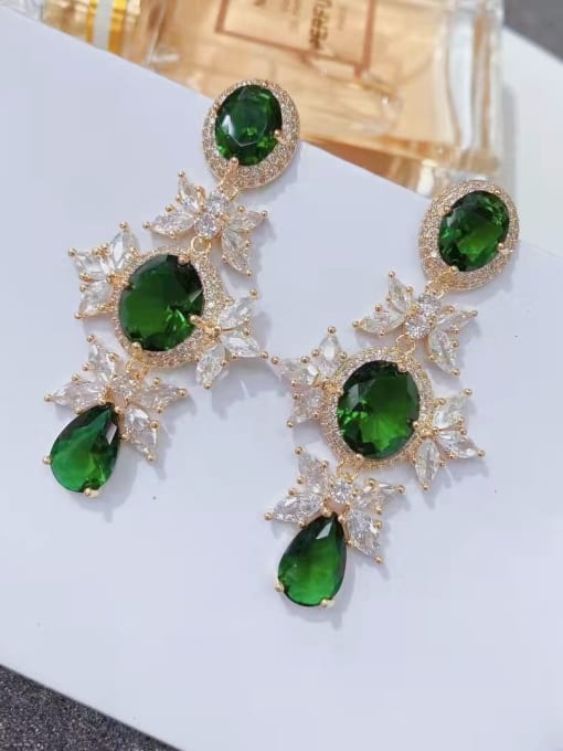 green Brass Cubic Zirconia Geometric Luxury Cluster Earring