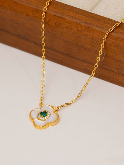 18K Gold+ Green Brass Cubic Zirconia Enamel Clover Minimalist Necklace