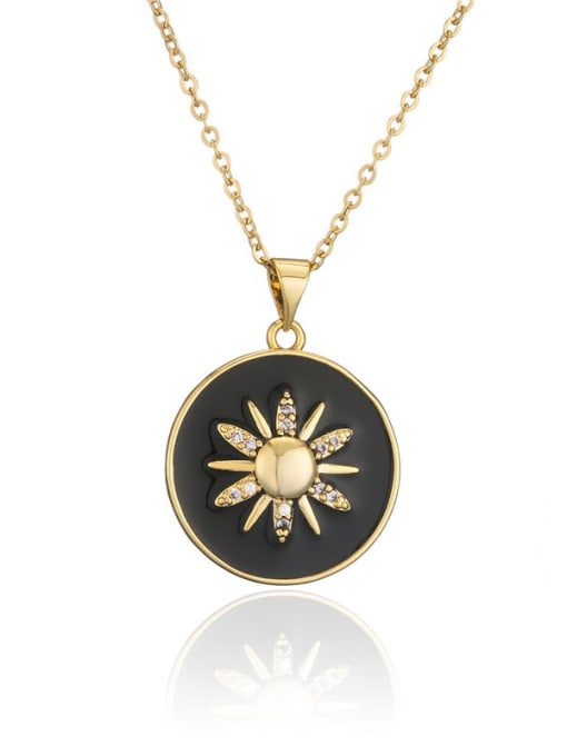 black Brass Enamel Round Minimalist Sun Pendant Necklace