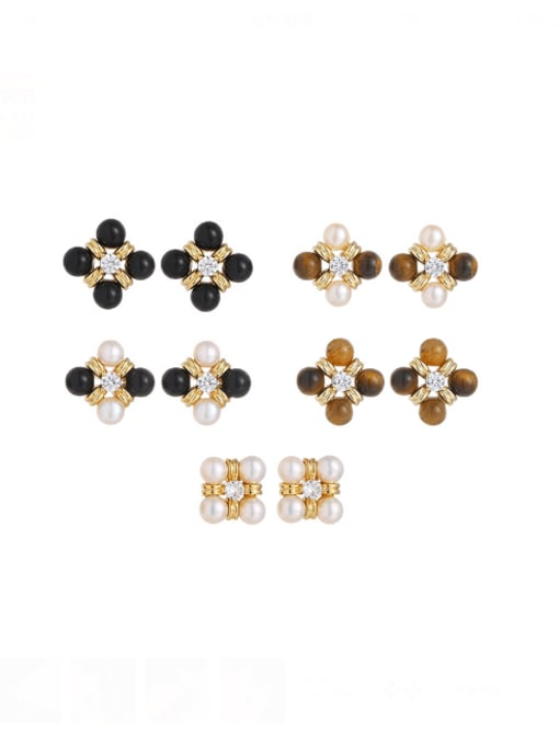 Five Color Brass Imitation Pearl Flower Vintage Stud Earring 0