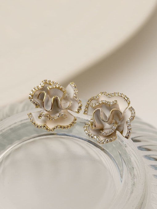 white Brass Cubic Zirconia Enamel Flower Vintage Stud Trend Korean Fashion Earring