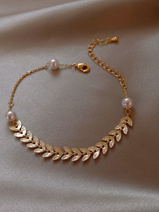 golden. (b) wheat chain Alloy Imitation Pearl Leaf Minimalist Bracelet