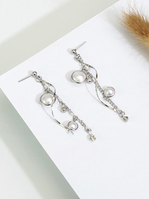 White K Copper Imitation Pearl Tassel Dainty Threader Trend Korean Fashion Earring
