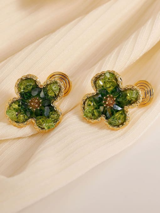 14k Gold Dark Green Brass Synthetic Crystal Flower Dainty Stud Earring