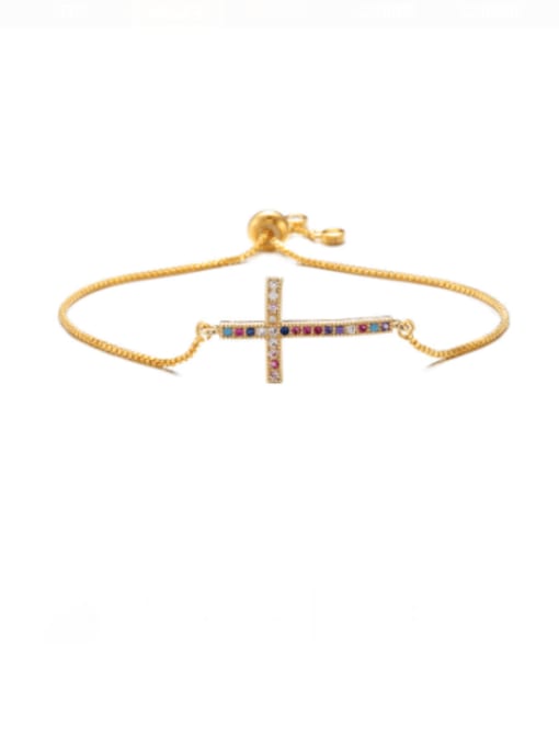 Gold Brass Cubic Zirconia Cross Vintage Adjustable Bracelet