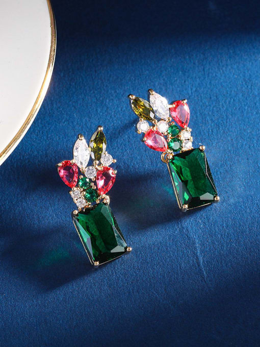 green Brass Cubic Zirconia Flower Luxury Drop Earring