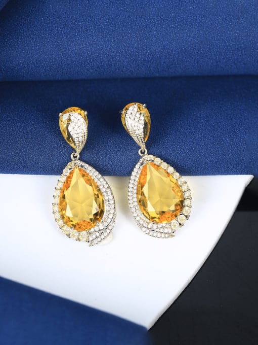 yellow Brass Cubic Zirconia Water Drop Luxury Cluster Earring