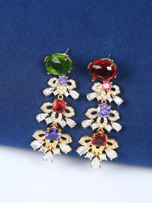OUOU Brass Cubic Zirconia Multi Color Flower Luxury Cluster Earring 1