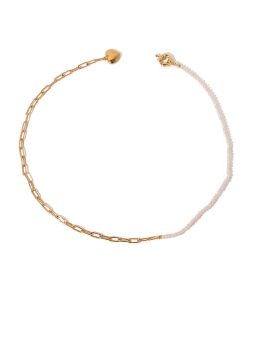 golden Brass Freshwater Pearl Heart Vintage Lariat Necklace