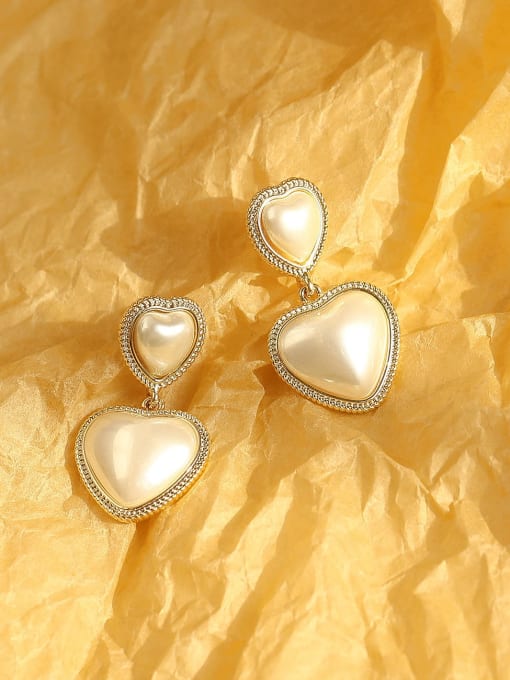 14k Gold Pearl White Brass Enamel Heart Ethnic Drop Trend Korean Fashion Earring