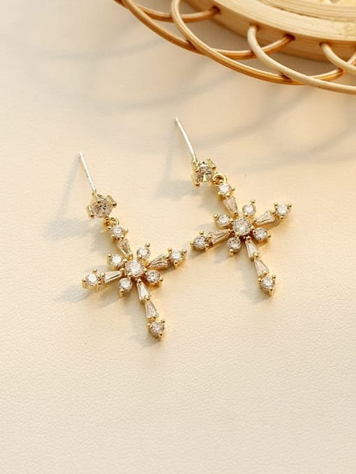 14K  gold Copper Cubic Zirconia Cross Dainty Drop Trend Korean Fashion Earring