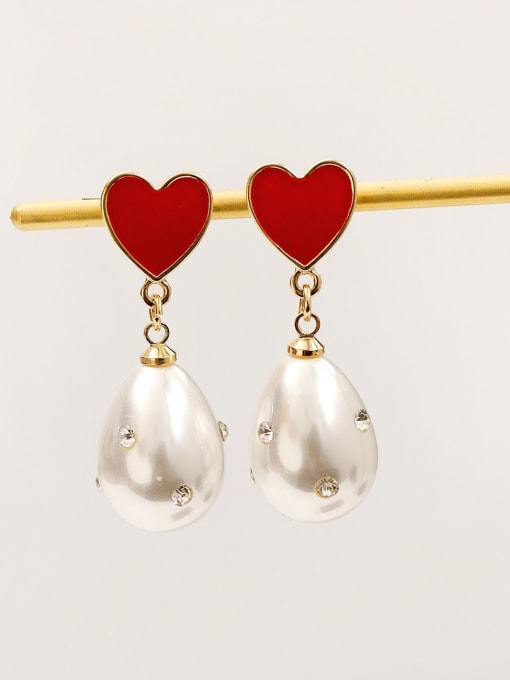 HYACINTH Brass Imitation Pearl Enamel Heart Minimalist Drop Trend Korean Fashion Earring