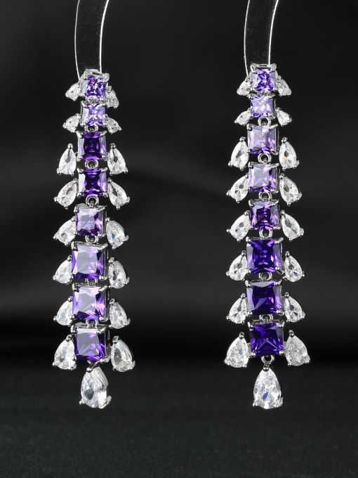 purple Brass Cubic Zirconia Leaf Luxury Cluster Earring