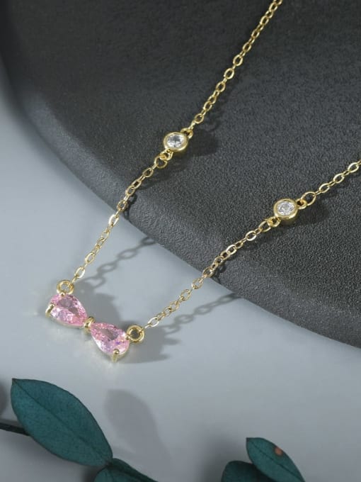 Gold Pink XL62981 Brass Cubic Zirconia Pink Bowknot Dainty Necklace