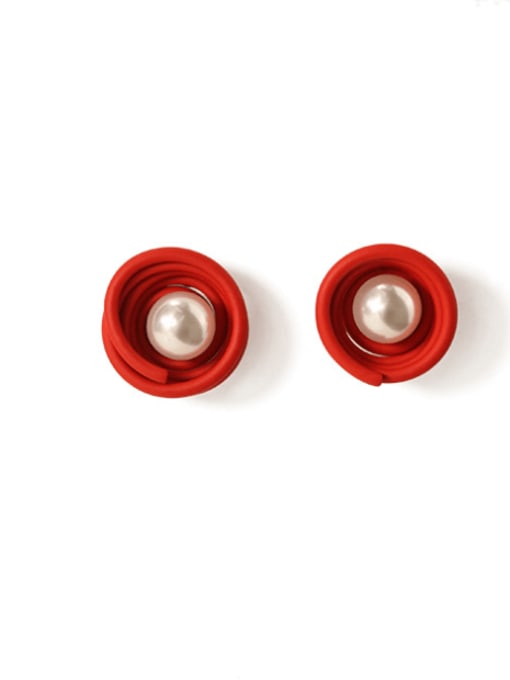 Red Alloy Imitation Pearl Enamel Geometric Cute Stud Earring