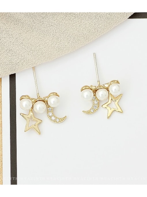 14K  gold Copper Imitation Pearl Star Moon Minimalist Stud Trend Korean Fashion Earring