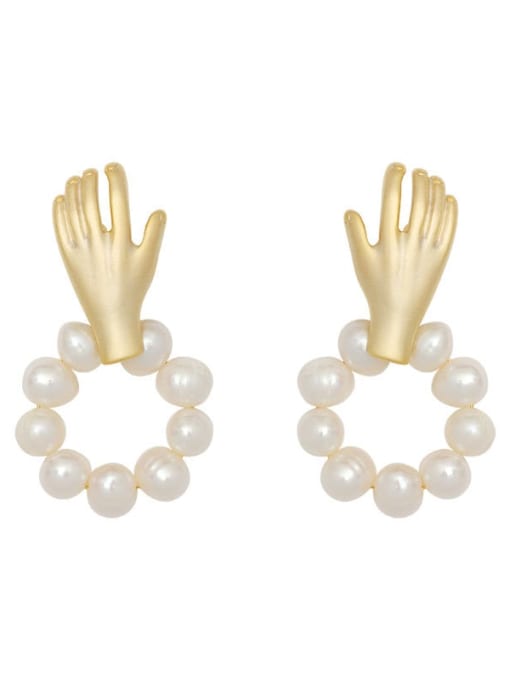 HYACINTH Copper Imitation Pearl  Ethnic Palm Abstract   Stud Trend Korean Fashion Earring 0