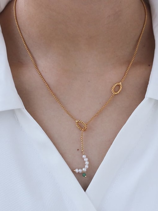 Five Color Brass Imitation Pearl Geometric Minimalist Lariat Necklace 2