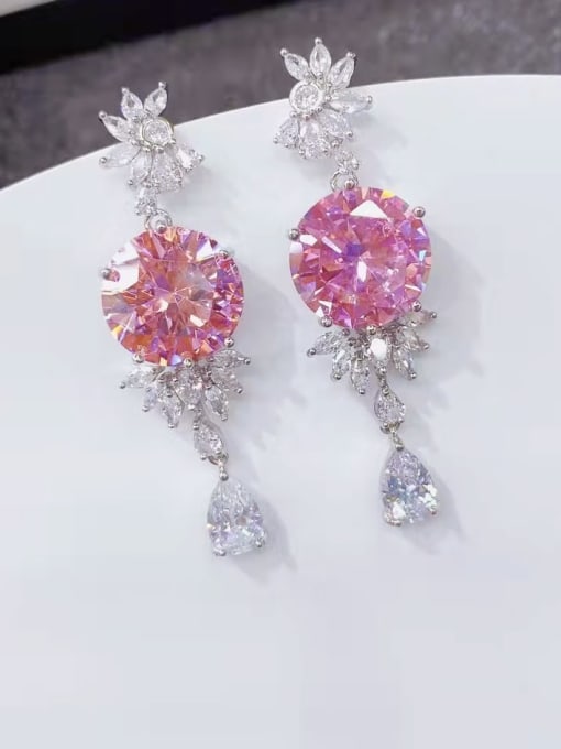 Pink Brass Cubic Zirconia Flower Luxury Cluster Earring