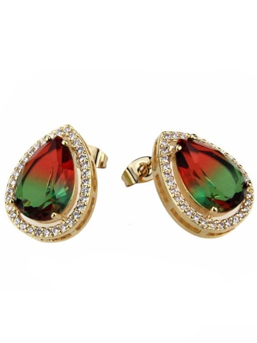 Red green gradient Brass Water Drop Cubic Zirconia  Luxury Stud Earring