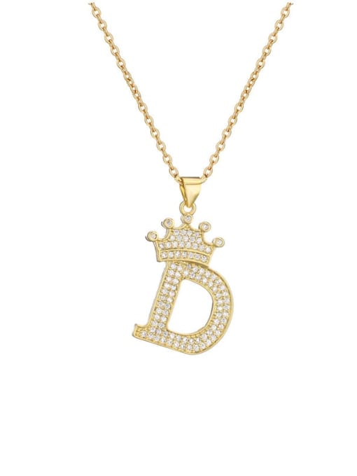 D Brass Cubic Zirconia Crown Vintage Letter Pendant Necklace