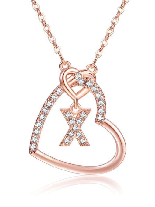 X rose gold Brass Cubic Zirconia Heart Minimalist  Letter Pendant Necklace