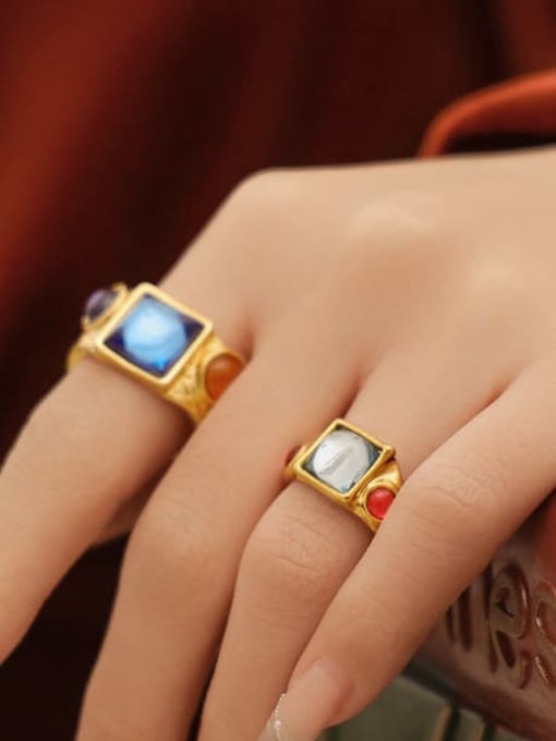 Five Color Brass Glass Stone Geometric Vintage Band Ring 1